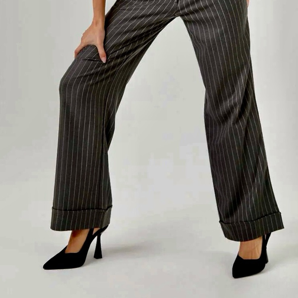 Sag Harbor Stretch vintage charcoal pinstripe wide leg trousers cuffed size 16